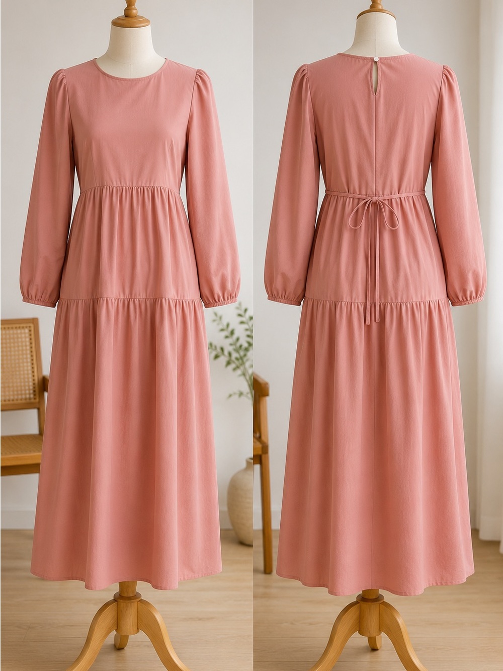 100% Cotton Dusty Rose Maxi Dress | Long Puff Sleeves